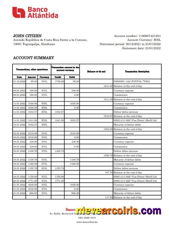 Honduras Banco Atlantida Statement Template