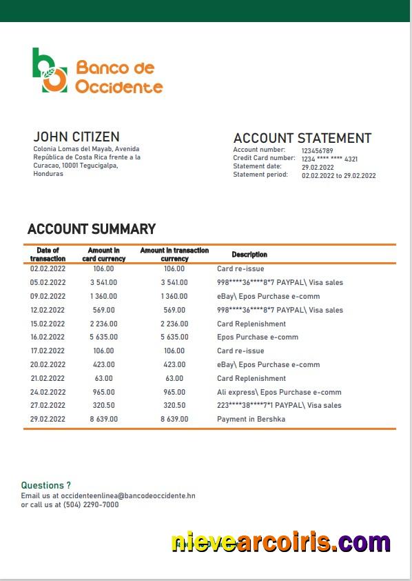 Realistic Honduras Banco De Occidente Bank Statement Template In Word And PDF Format