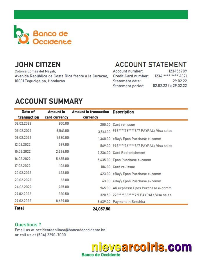 Honduras Banco De Occidente Statement Preview