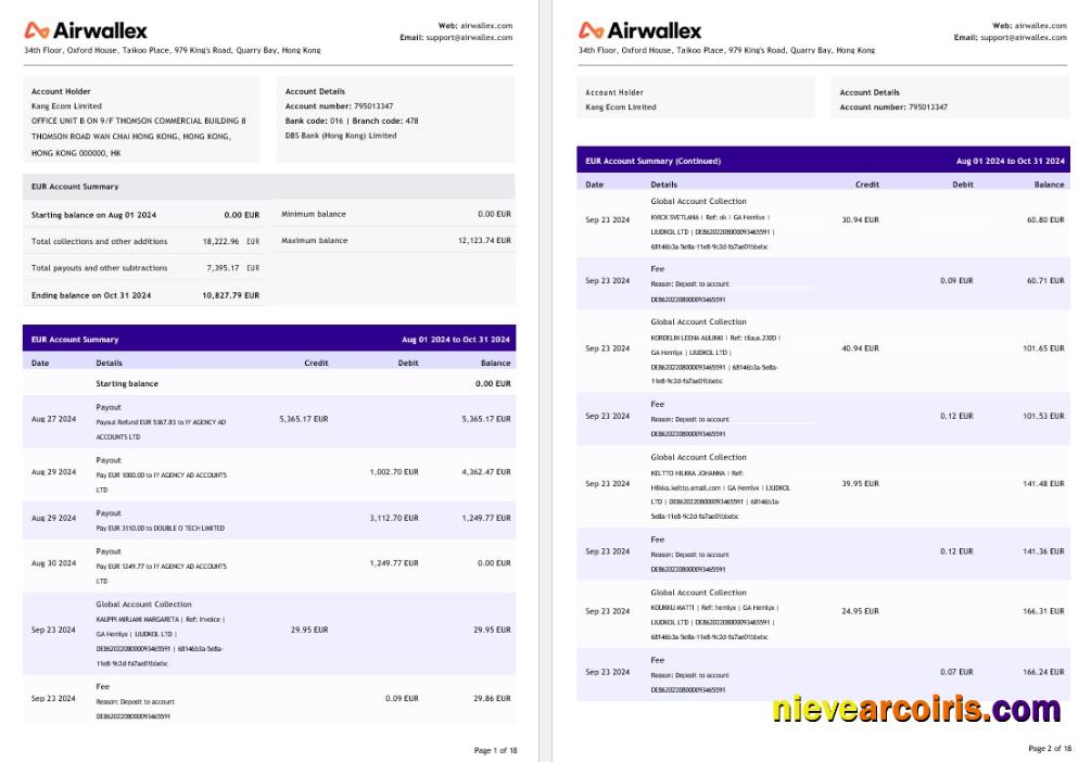 Hong Kong Airwallex Limited Account Statement, 18 Pages Photolook