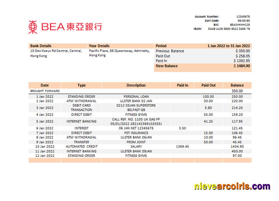 Professional Hong Kong BEA Bank Statement Template, Word And PDF Format