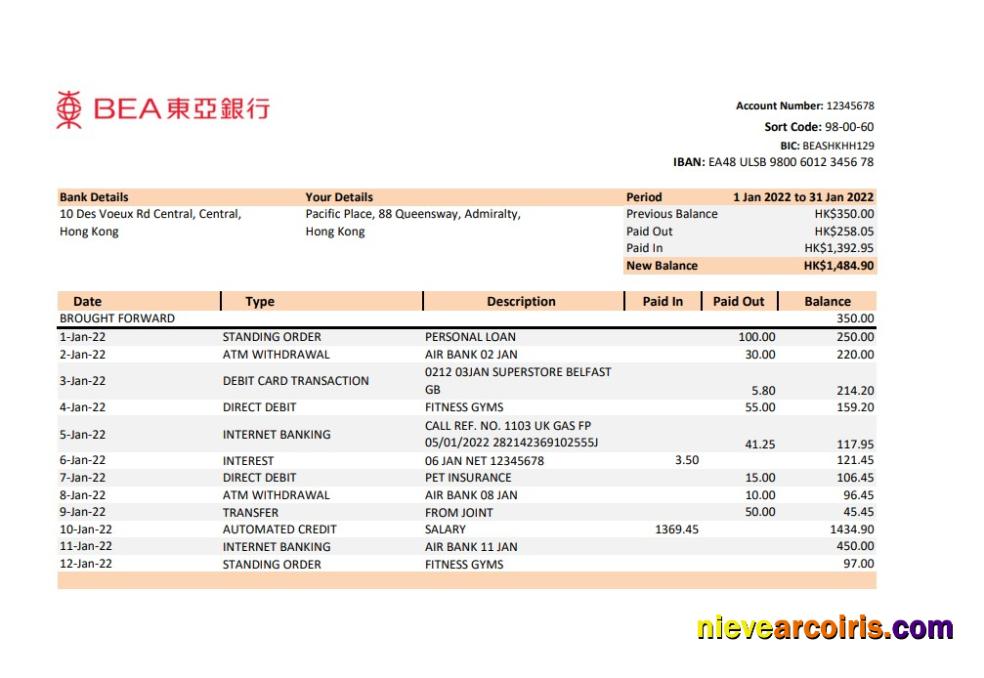 Hong Kong BEA Bank Statement Preview