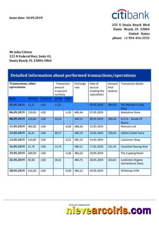 Editable Hong Kong Citibank Proof Of Address Bank Statement Template In Word And PDF Format