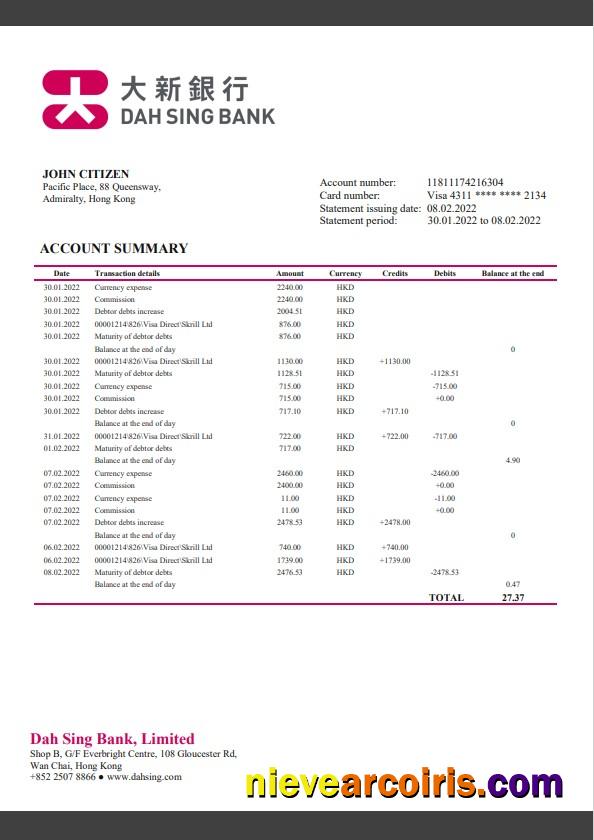 Editable Hong Kong DAH Sing Bank Statement Template, Word And PDF Format