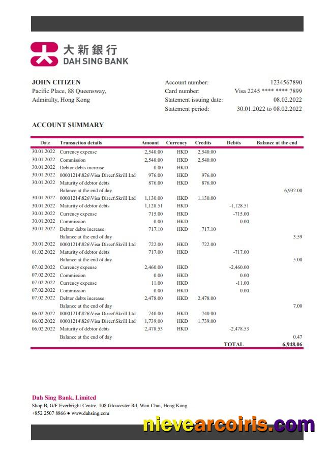 Hong Kong DAH Sing Bank Statement Sample