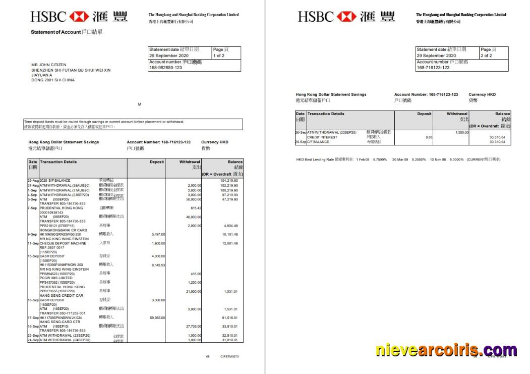 Hong Kong HSBC The Hongkong And Shanghai Banking Corporation 2 Pages Sample