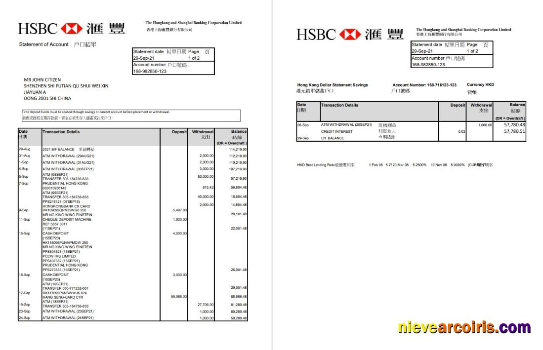 Premium Hong Kong HSBC The Hongkong And Shanghai Banking Corporation Bank Statement Template In Excel And PDF Format (2 Pages)