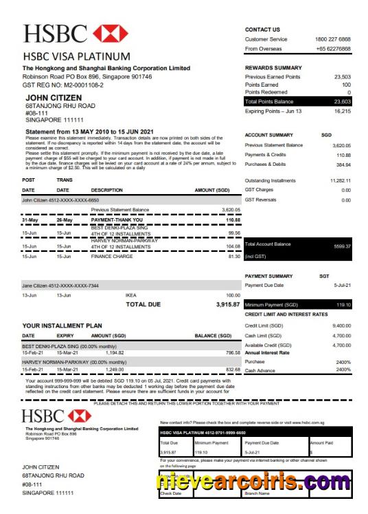 Editable Hong Kong HSBC Bank Visa Platinum Credit Card Statement Template In .xls And .pdf File Format