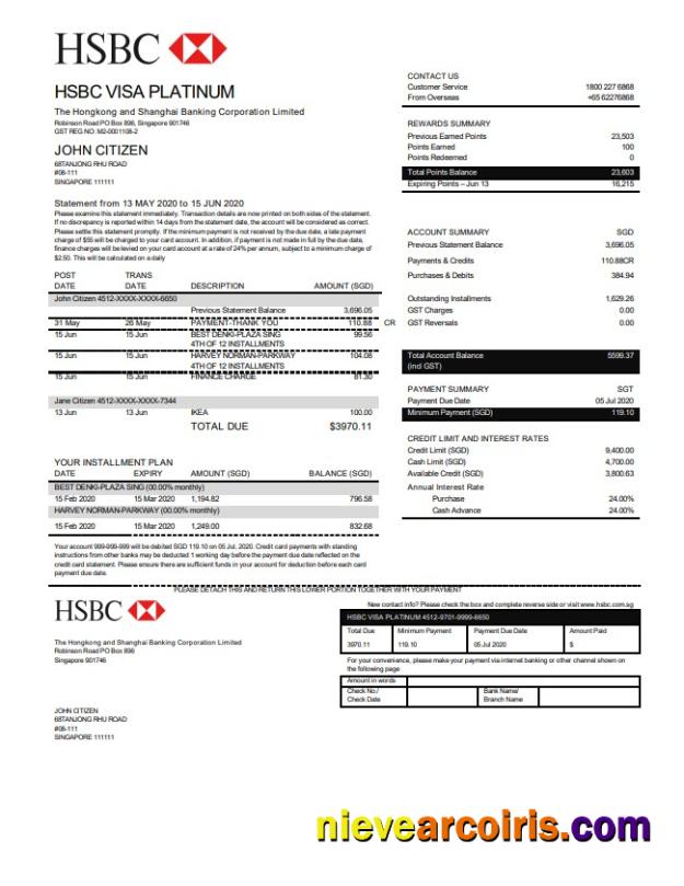 Realistic Hong Kong HSBC Bank Visa Platinum Credit Card Statement Template In Word And PDF Format