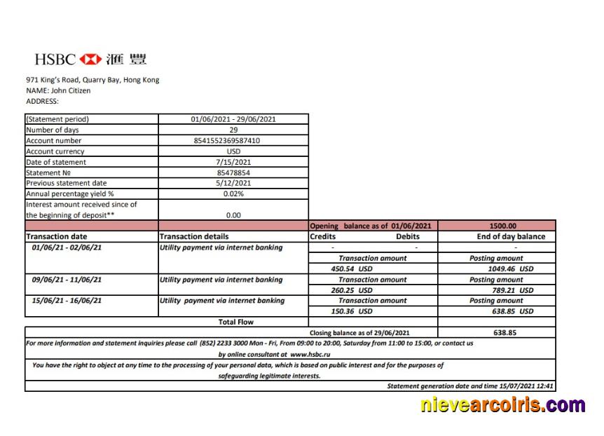 Editable Hong Kong HSBC Bank Statement Easy To Fill Template In .xls And .pdf File Format