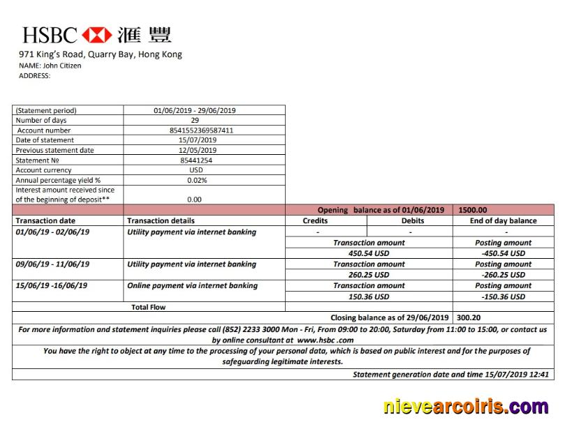 Premium Hong Kong HSBC Bank Statement Easy To Fill Template In Word And PDF Format