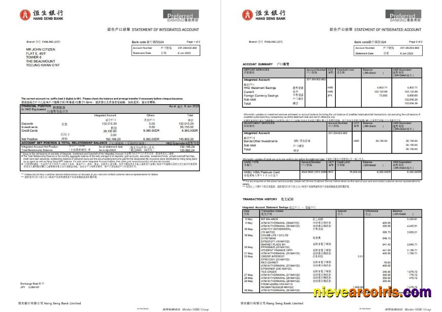 Hongkong Hang Seng Bank Statement 2 Pages Preview