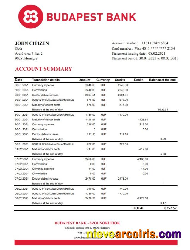Professional Hungary Budapest Bank – Szolnoki Fiók Bank Statement Easy To Fill Template In .xls And .pdf File Format