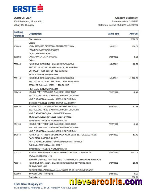 Hungary Erste Bank Statement Xls Template