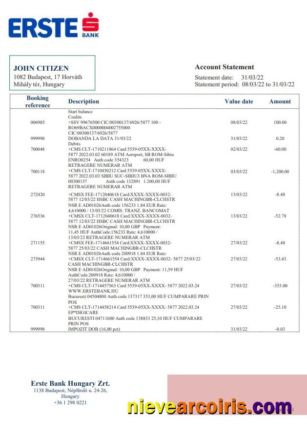 Hungary Erste Bank Statement Template