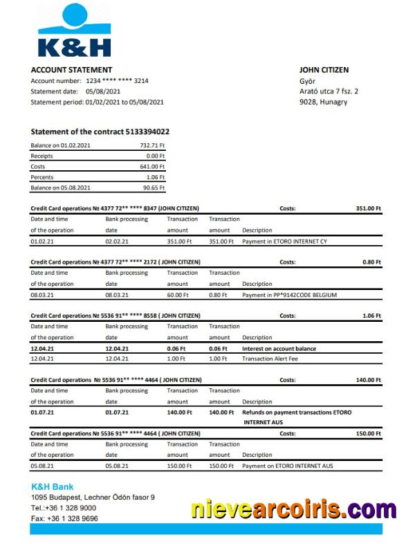 Premium Hungary K&H Bank Statement Easy To Fill Template In Excel And PDF Format