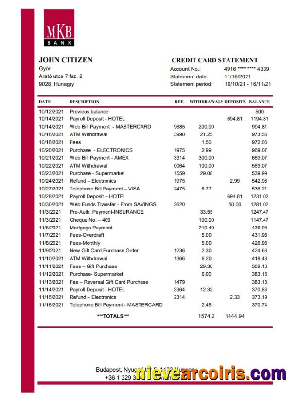 Professional Hungary MKB Bank Statement Easy To Fill Template In .xls And .pdf File Format