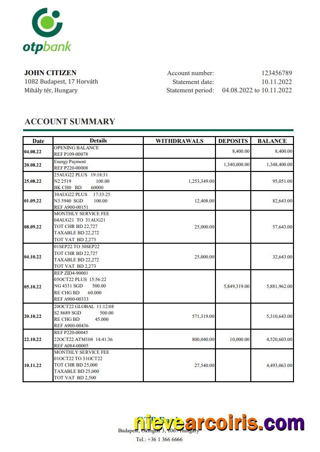 Hungary OTP Bank Statement Xls Sample