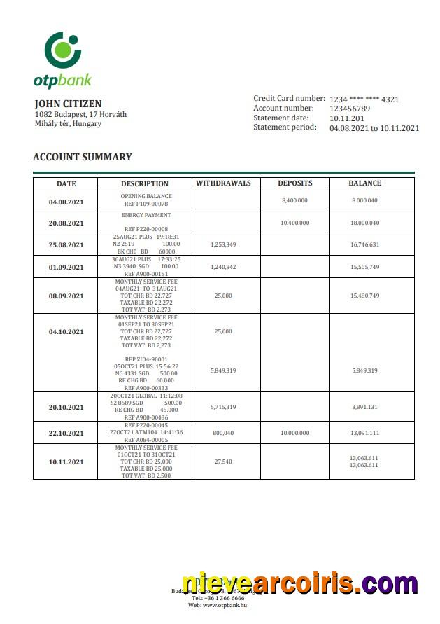Hungary OTP Bank Statement Template