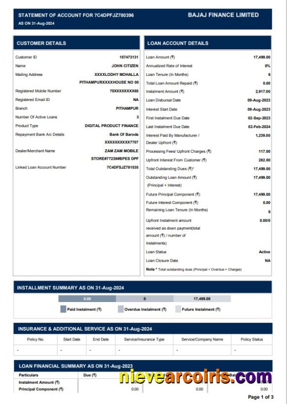 Professional INDIA BAJAJ FINANCE LIMITED Bank Statement Template, Word And PDF Format