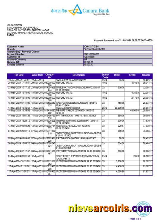 Premium INDIA CANARA Bank Statement Template, Word And PDF Format, Version 2