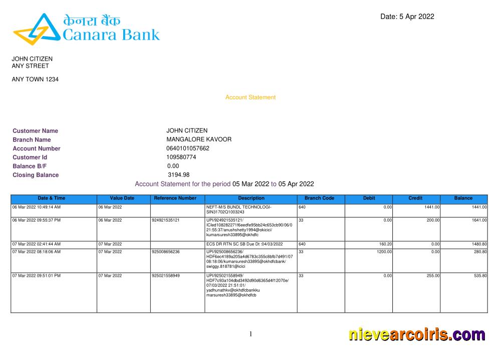 Professional INDIA CANARA Bank Statement Template, Word And PDF Format, Version 3