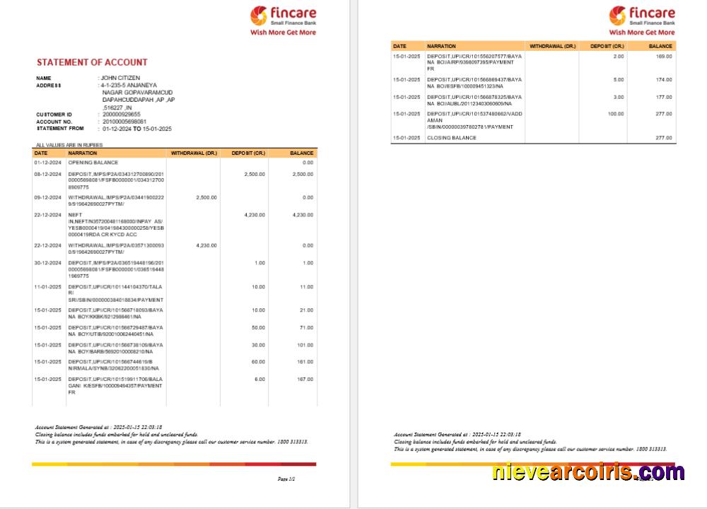 Premium INDIA FINCARE Bank Statement Template, Word And PDF Format, Version 2