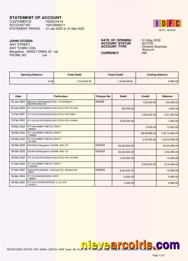 Realistic INDIA IDFC First Bank Statement Template, Word And PDF Format, Version 2