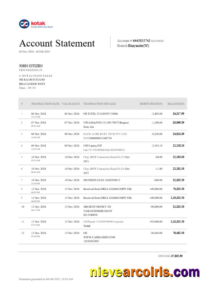 Professional INDIA KOTAK Bank Statement Template, Word And PDF Format