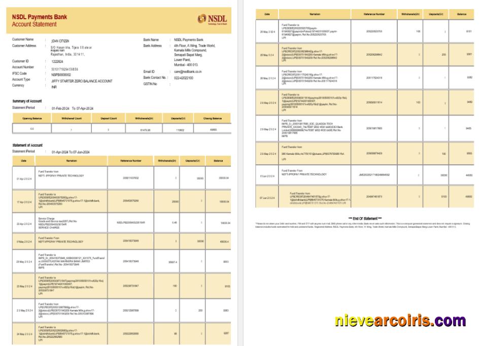 Professional INDIA NSDL Bank Statement Template, Word And PDF Format