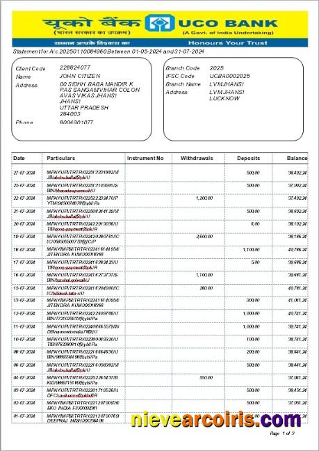 Realistic INDIA UCO Bank Statement Template, Word And PDF Format, Version 2