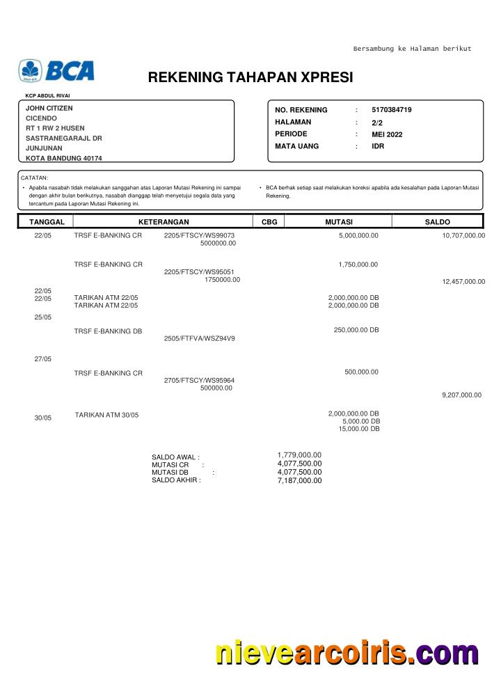 Realistic INDONESIA BCA Bank Statement Template, Word And PDF Format