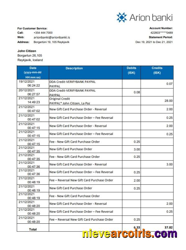 Professional Iceland Arion Bank Statement Easy To Fill Template In .xls And .pdf File Format