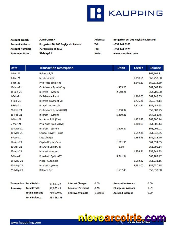 Editable Iceland Kaupthing Bank Statement Easy To Fill Template In Excel And PDF Format