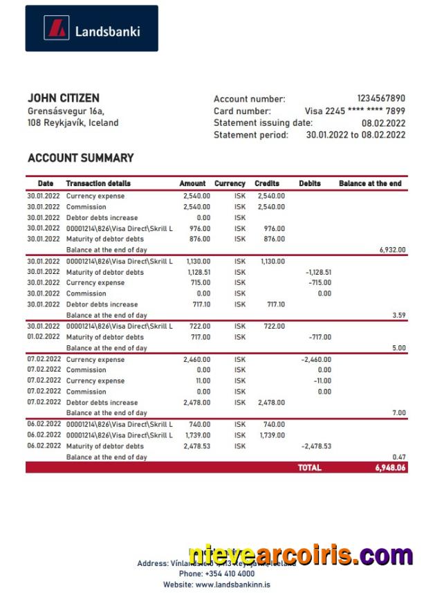 Iceland Landsbankinn Bank Statement XLS Sample