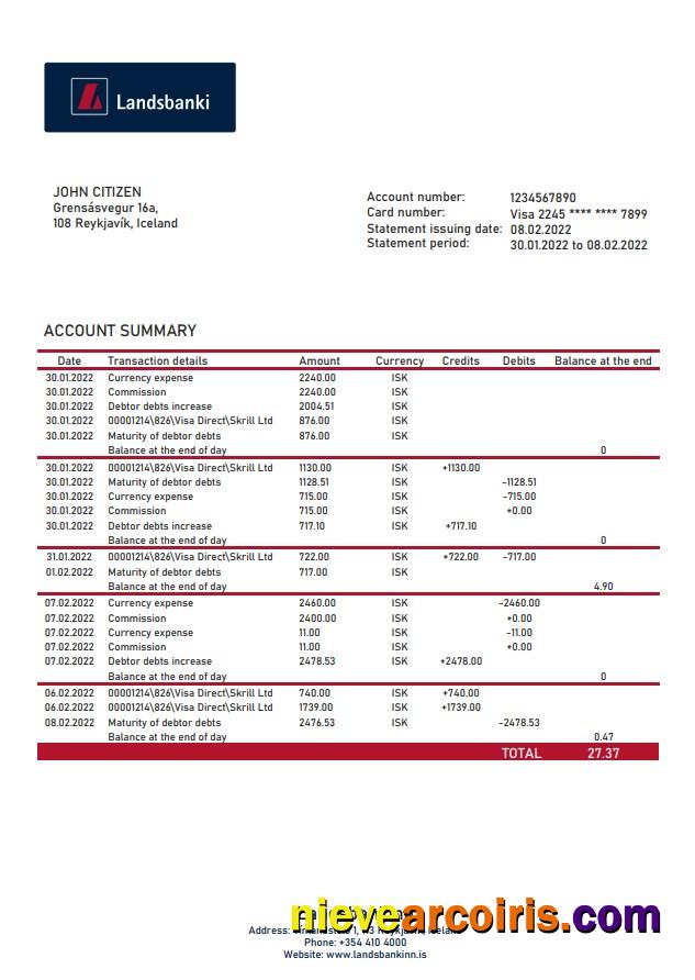 Iceland Landsbankinn Bank Statement Preview