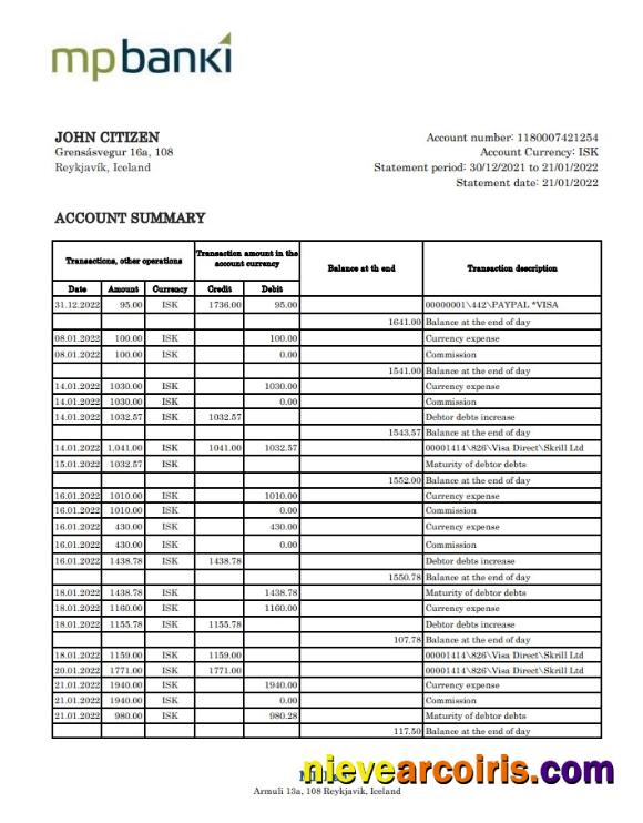 Iceland MP Bank Statement Xls Template