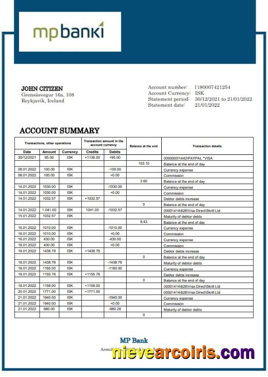 Iceland MP Bank Statement Template