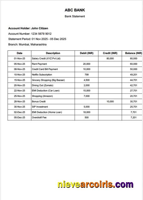 Premium India ABC Bank Statement Word And PDF Template