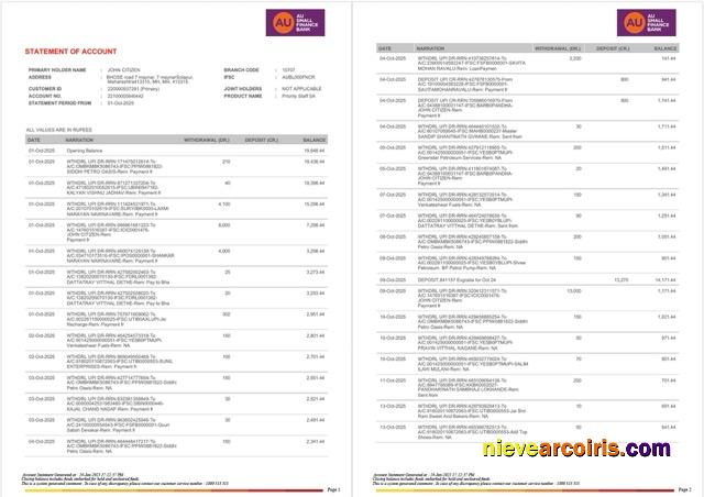 Premium India AU Small Finance Bank Statement Of Account Word And PDF Template, 2 Pages