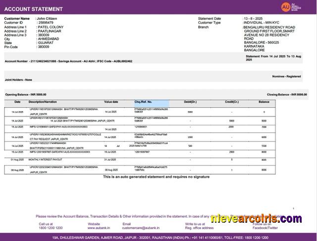 Professional India AU Small Finance Bank Account Statement Word And PDF Template, Version 2