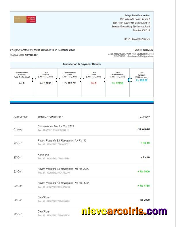 Editable India Aditya Birla Finance Ltd Bank Statement Template, Word And PDF Format, 3 Pages