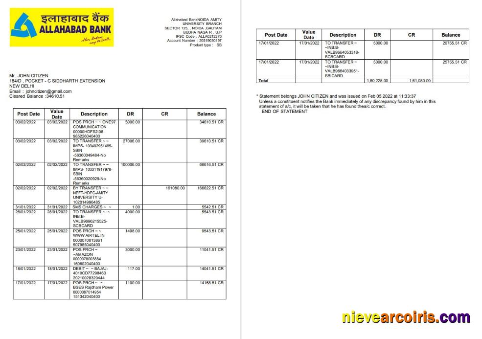 India Allahabad Bank Statement 2 Pages Preview