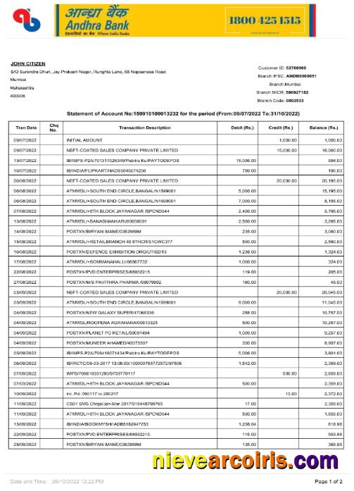 Premium India Andhra Bank Statement Word And PDF Template, 2 Pages P1