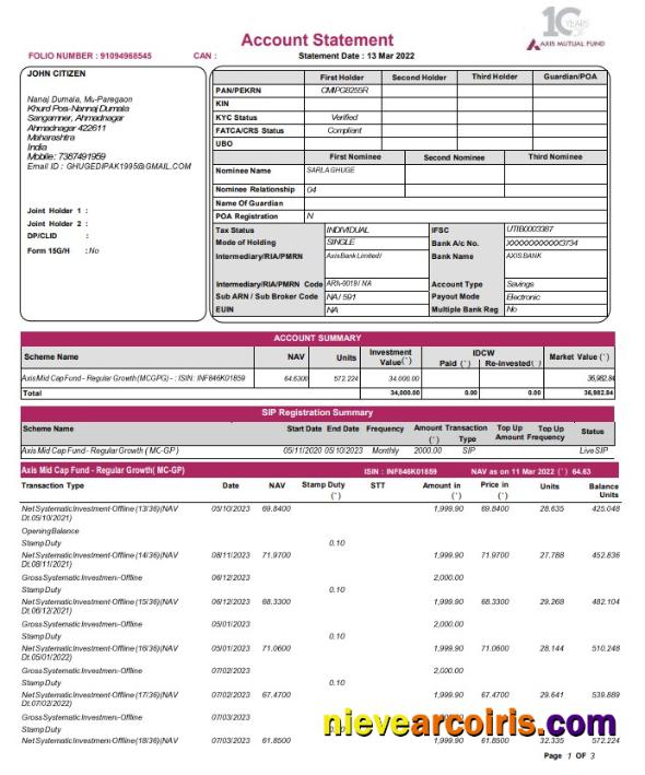 Editable India Axis Mutual Fund Bank Statement Template, Word And PDF Format, 3 Pages