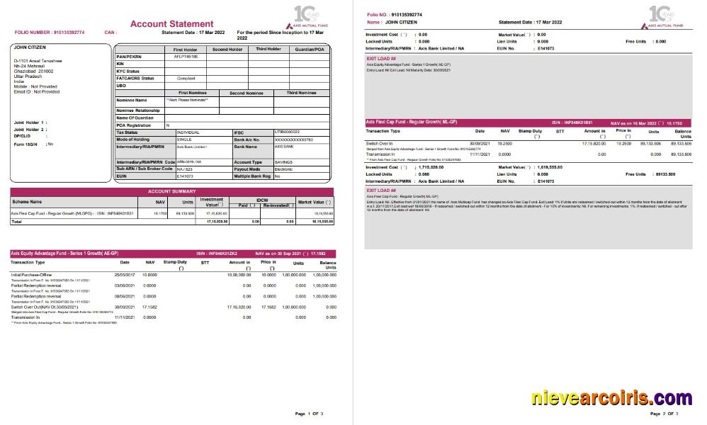 India Axis Bank Statement 3 Pages Template