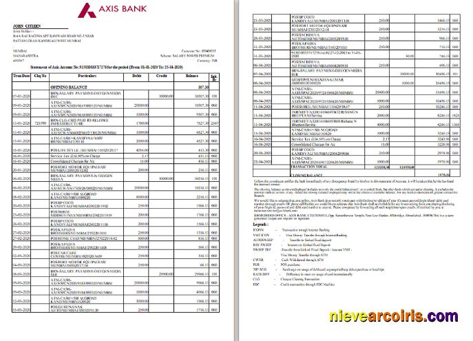 Editable India Axis Bank Statement Template, Word And PDF Format, 2 Pages, Version 2