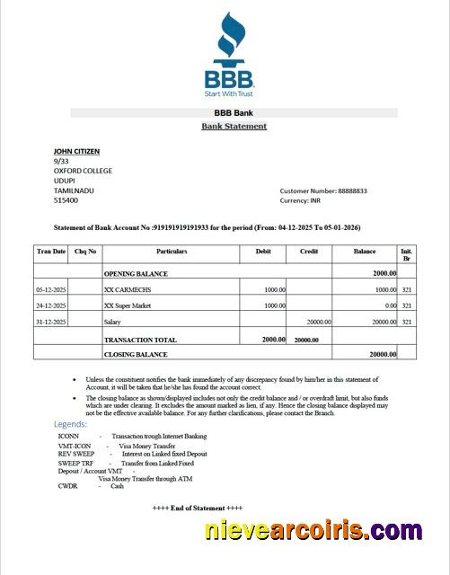 Professional India BBB Bank Statement Word And PDF Template
