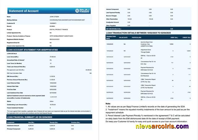 Professional India Bajaj Finserv Statement Of Account Word And PDF Template, 2 Pages