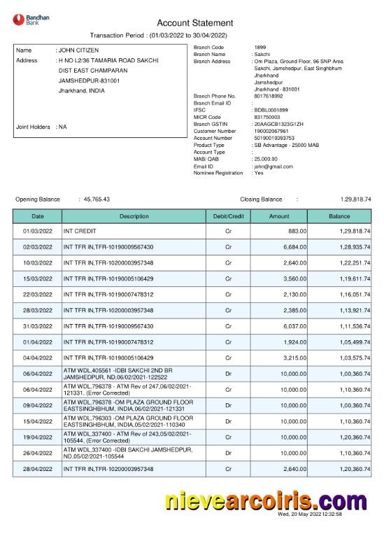 Premium India Bandhan Bank Statement Template, Word And PDF Format, 2 Pages